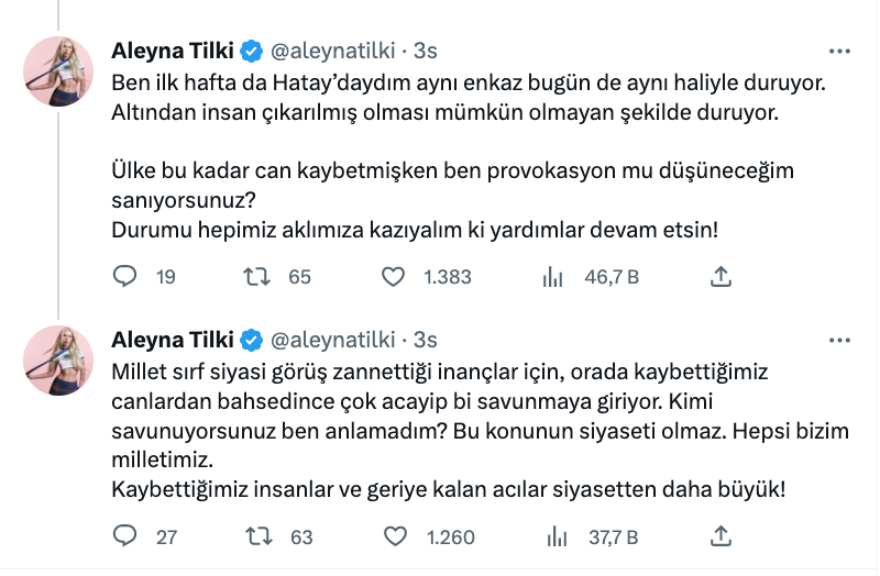 aleyna tilki den hatay da aciklanandan fazla can kaybi var iddialari sonrasi gelen tepkilere cevap